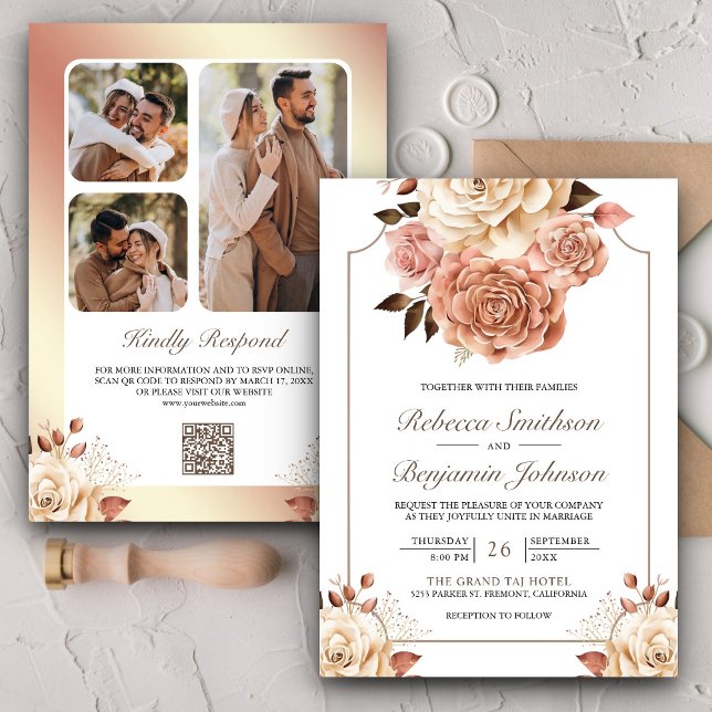 Convites Casamento Floral QR Code Boho Rústico Dourado Rosa (Criador carregado)