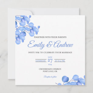Convites Casamento Floral Quadrado Aquarela Azul