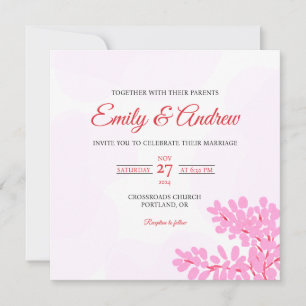 Convites Casamento Floral Quadrado Aquarela Cor-de-Rosa