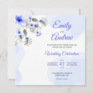 Convites Casamento Floral Quadrado em Aquarela Botânica Azu