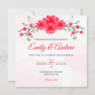 Convites Casamento Floral Quadrado em Aquarela Cosmos Rosa