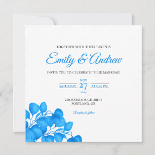 Convites Casamento Floral Quadrado em Aquarela Folha Ciano