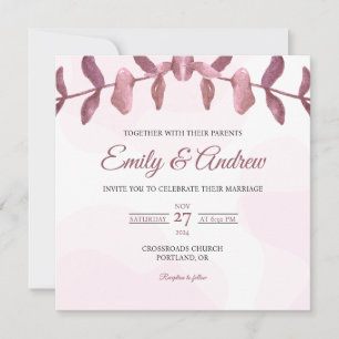 Convites Casamento Floral Quadrado em Aquarela Folha Malva