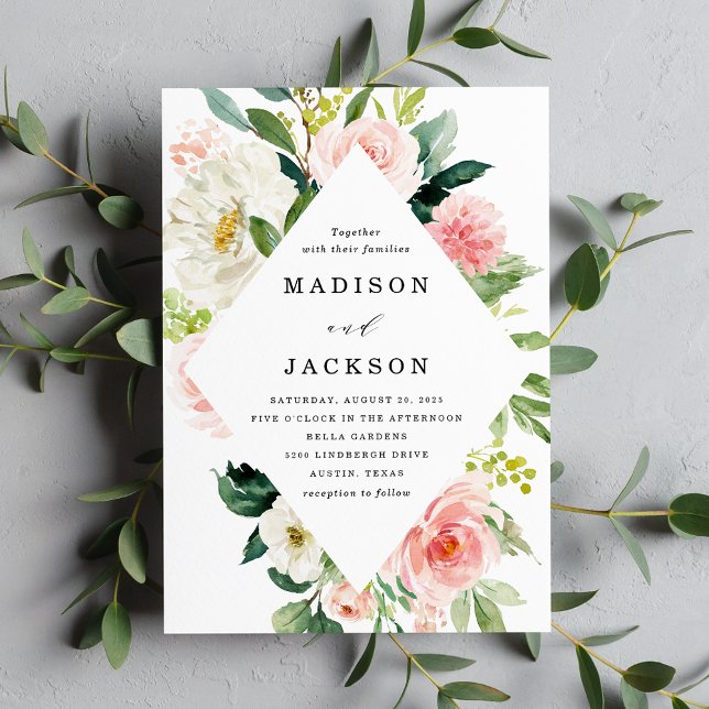 Convites Casamento Floral Quadro Rosa e Branco Elegante (Criador carregado)