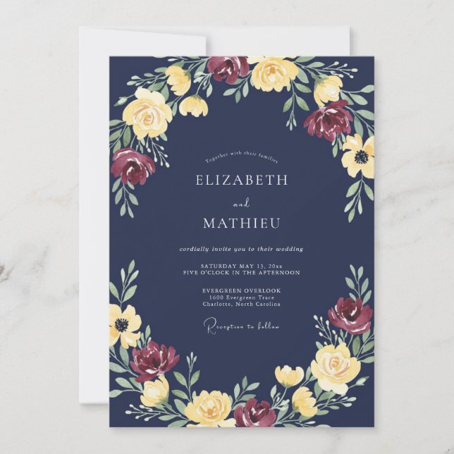 Convites Casamento Floral Radiante Azul-Marinho (Frente)