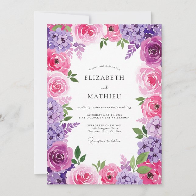 Convites Casamento Floral Radiante de Lavanda Rosa (Frente)
