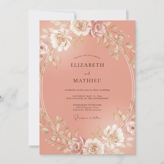 Convites Casamento Floral Radiante de Pêssego (Frente)