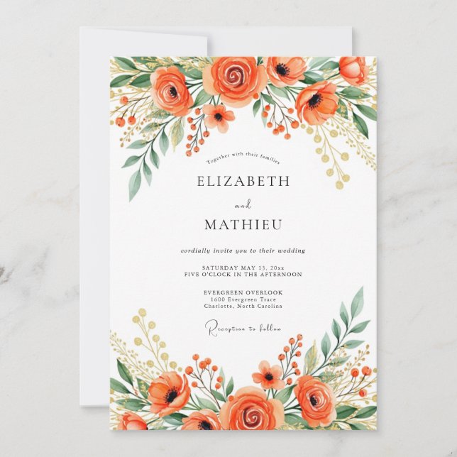 Convites Casamento Floral Radiante Laranja (Frente)