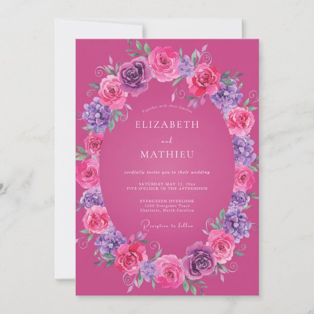 Convites Casamento Floral Radiante Magenta (Frente)