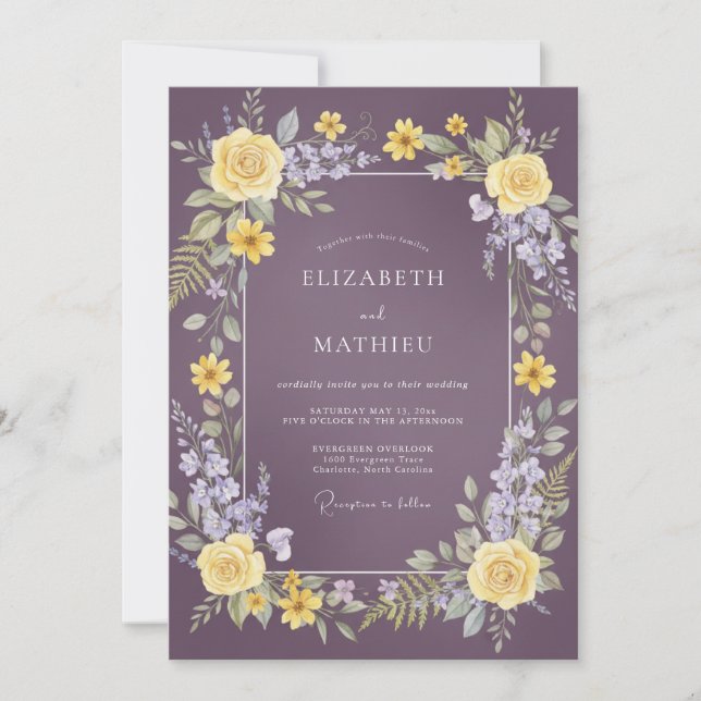 Convites Casamento Floral Radiante Roxo Empoeirado (Frente)