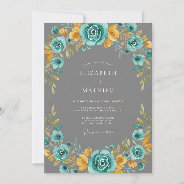Convites Casamento Floral Radiante Turquesa (Frente)