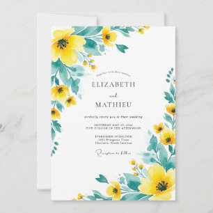 Convites Casamento Floral Radioso em Amarelo e Azul Turques