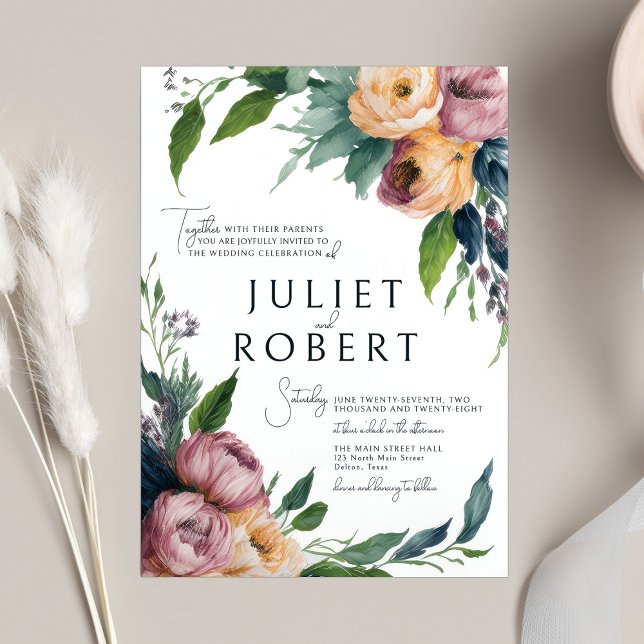 Convites Casamento Floral Ranunculus Laranja Elegante Rosa (Criador carregado)