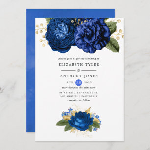 Convites Casamento Floral Real Azul e Dourado