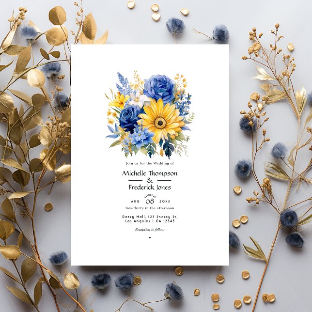 Convites Casamento Floral Real Azul e Dourado (Criador carregado)