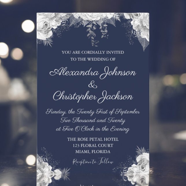 Convites Casamento Floral Real Azul e Pérola Branca (Criador carregado)