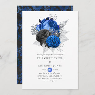 Convites Casamento Floral Real Azul, Negro e Prata