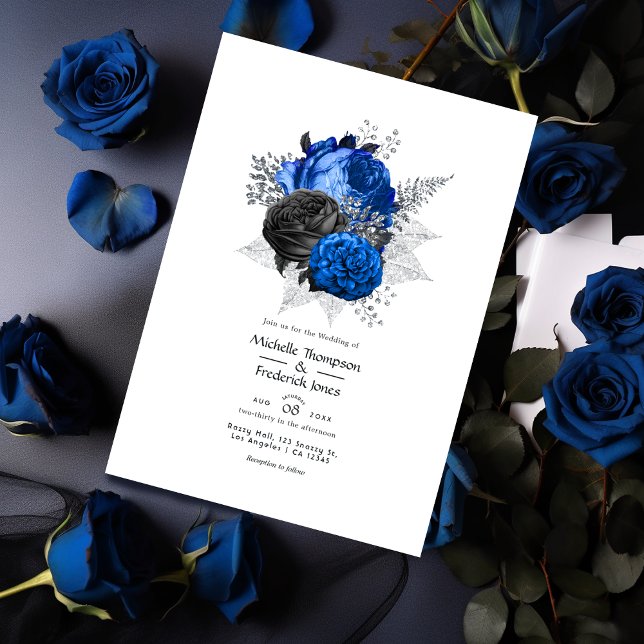 Convites Casamento Floral Real Azul, Negro e Prata (Criador carregado)