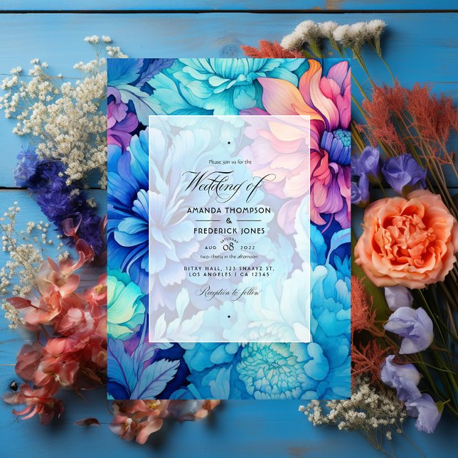 Convites Casamento Floral Real Azul, Turquesa e Coral (Criador carregado)