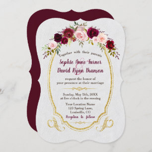Convites Casamento Floral Real Burgundy Dourada Marsala