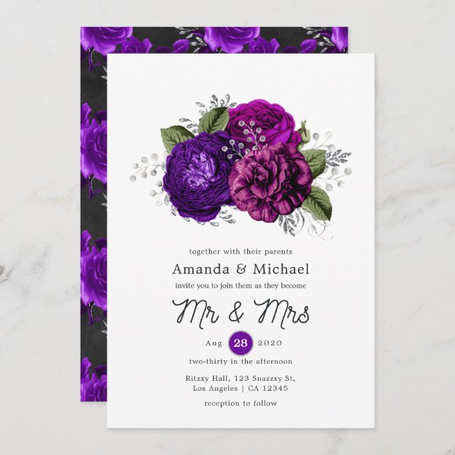 Convites Casamento Floral Real Roxo e Prata (Frente/Verso)