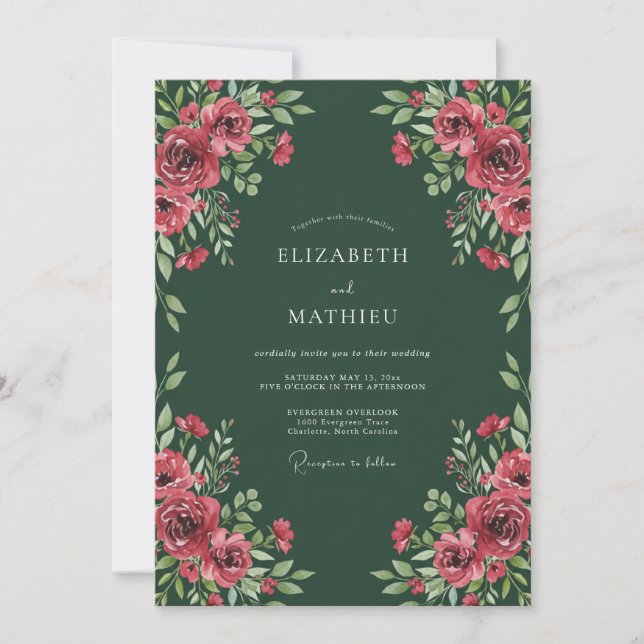 Convites Casamento Floral Real Verde Floresta (Frente)