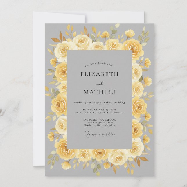 Convites Casamento Floral Refinado Amarelo Dourado (Frente)