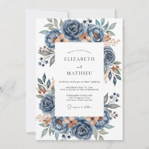 Convites Casamento Floral Refinado Azul Empoeirado