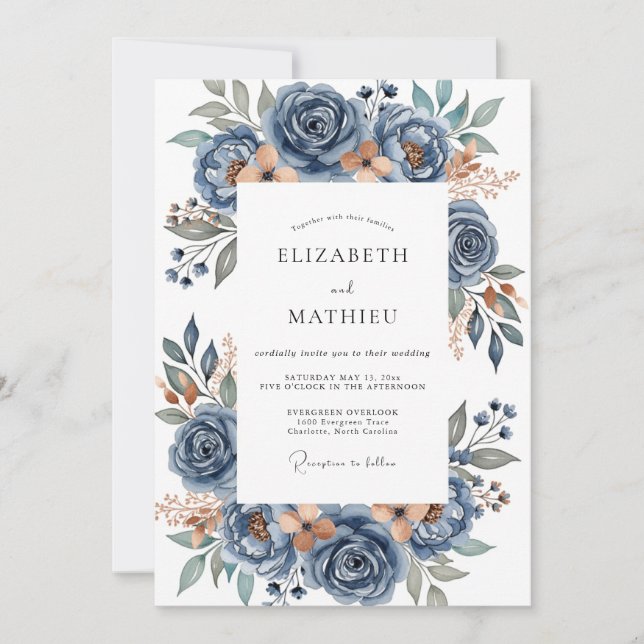 Convites Casamento Floral Refinado Azul Empoeirado (Frente)