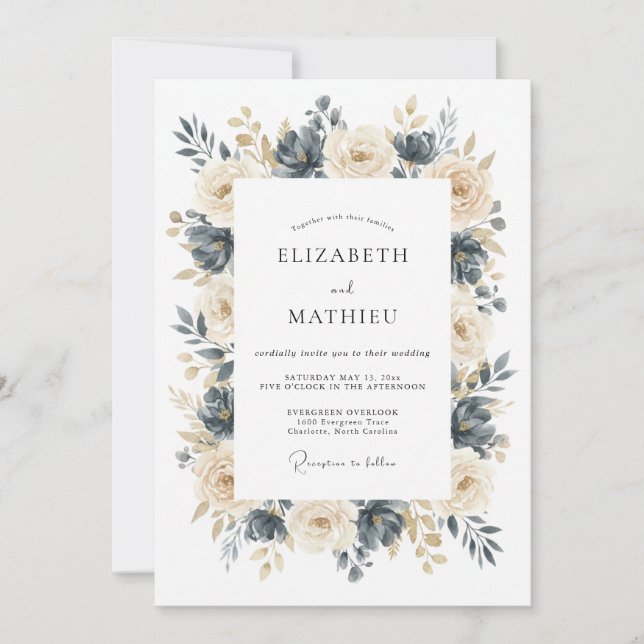 Convites Casamento Floral Refinado Champanhe Marinho (Frente)