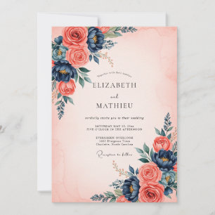 Convites Casamento Floral Refinado Coral Azul Marinho