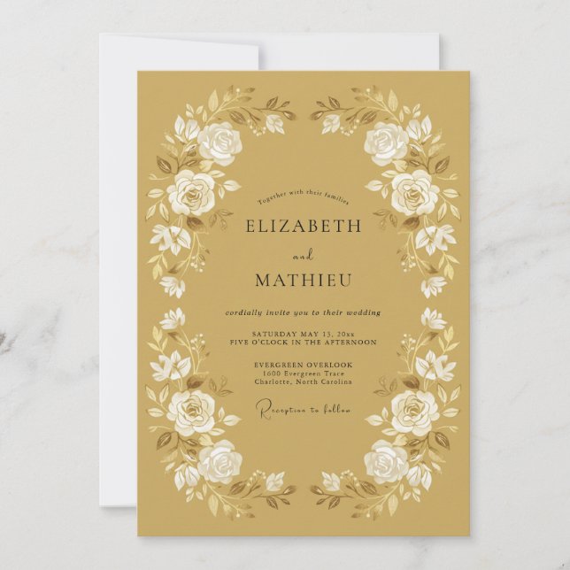 Convites Casamento Floral Refinado em Amarelo Mostarda (Frente)