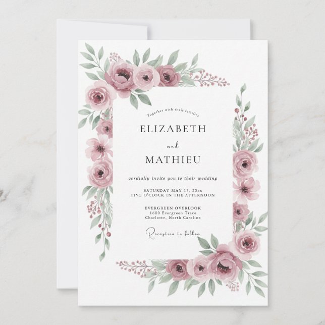 Convites Casamento Floral Refinado Malva (Frente)