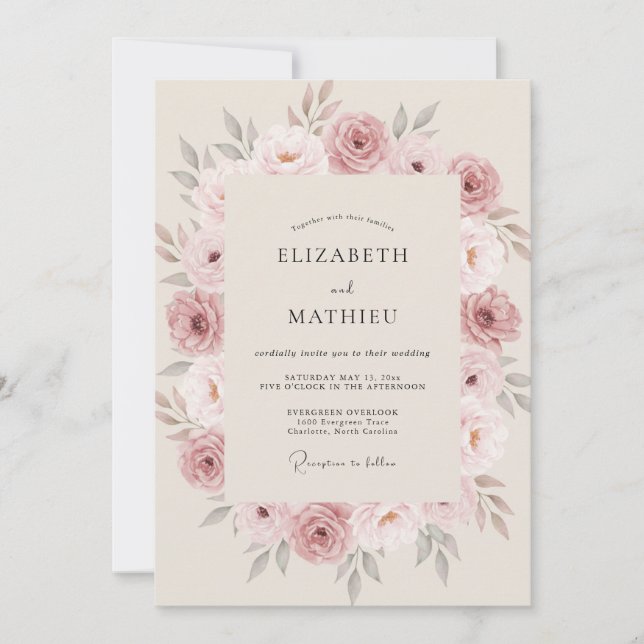 Convites Casamento Floral Refinado Rosa Empoeirado (Frente)