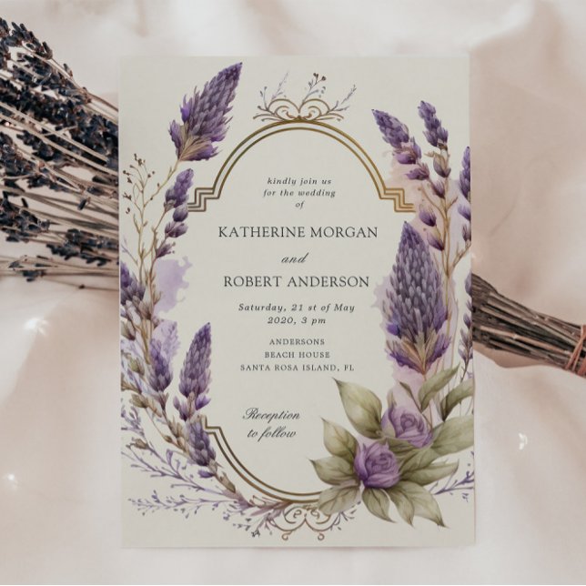 Convites Casamento Floral Regal de Lavanda de Aquarela (Criador carregado)