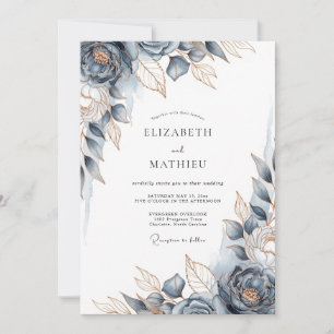 Convites Casamento Floral Régio em Azul Empoeirado e Bronze