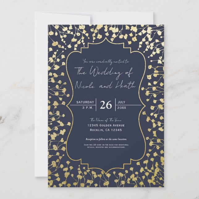 Convites Casamento Floral Respiro de Bebê Dourado Rústico A (Frente)