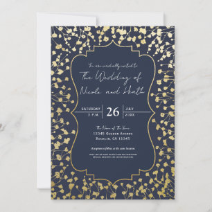 Convites Casamento Floral Respiro de Bebê Dourado Rústico A