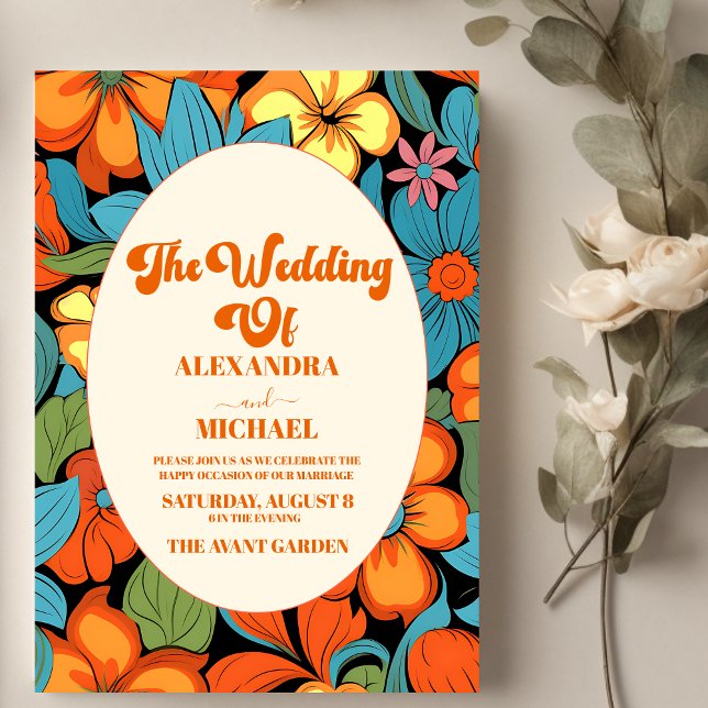 Convites Casamento Floral Retro Boho dos Anos 70 (Criador carregado)