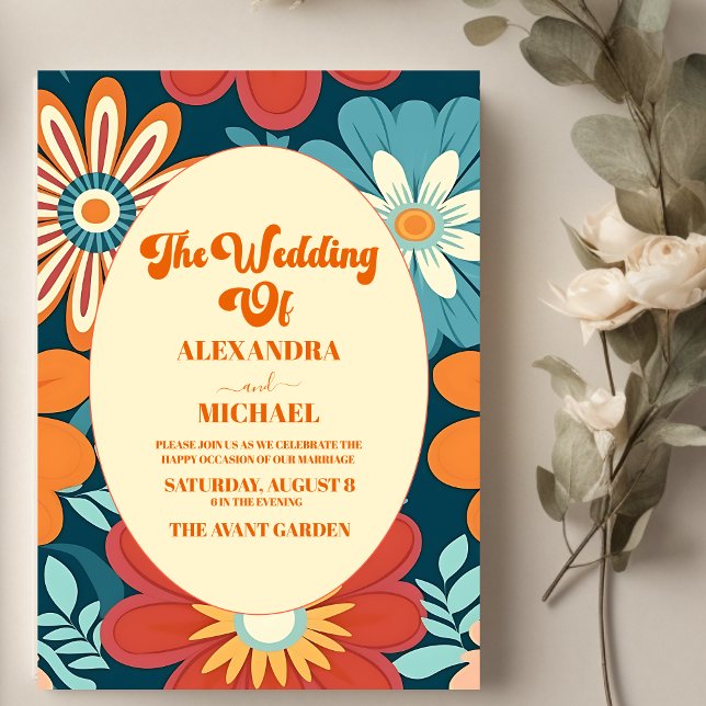Convites Casamento Floral Retro dos Anos Setenta (Criador carregado)