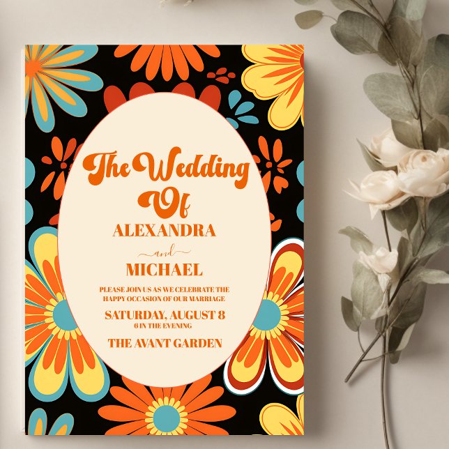 Convites Casamento Floral Retro Groovy  (Criador carregado)