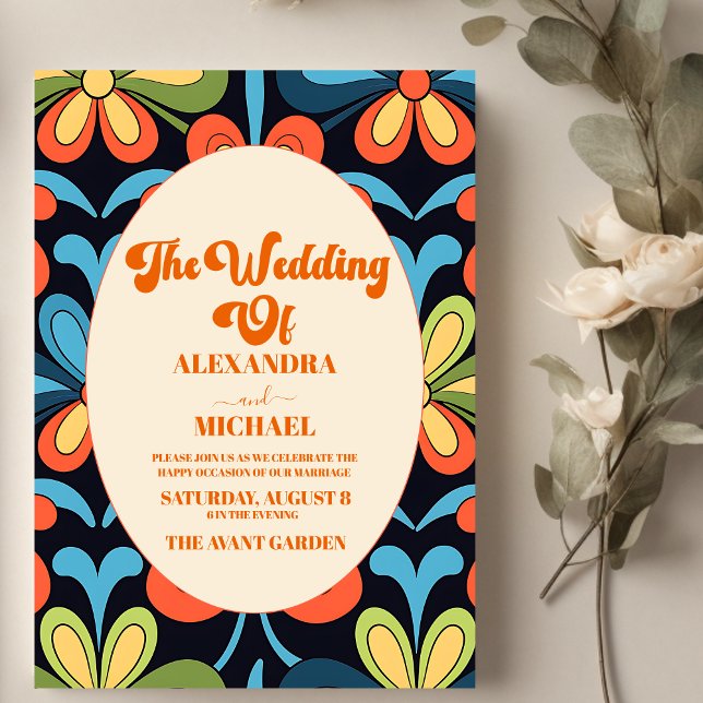 Convites Casamento Floral Retro Groovy  (Criador carregado)