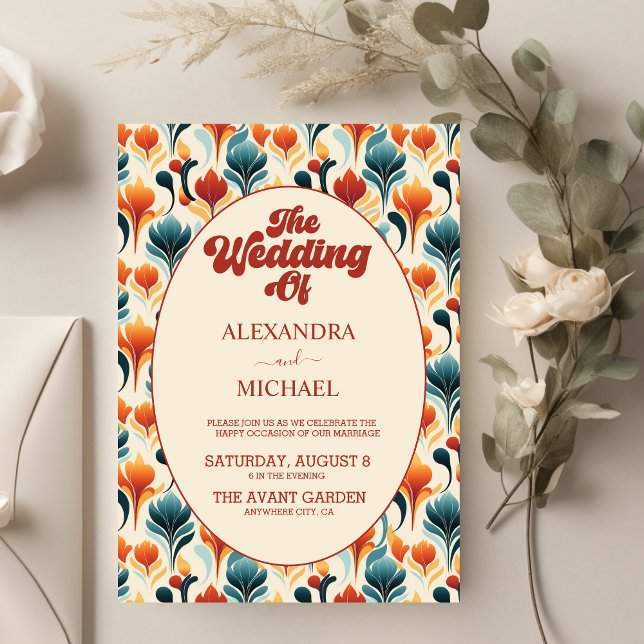 Convites Casamento Floral Retro Groovy dos Anos 70 (Criador carregado)