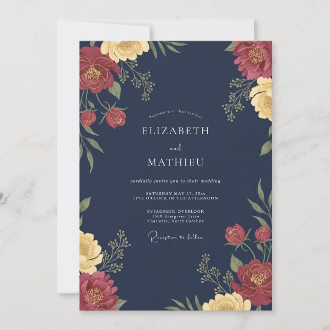 Convites Casamento Floral Rico Azul Marinho (Frente)