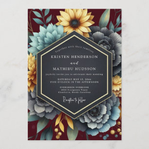 Convites Casamento Floral Rico em Ocre Borgonha