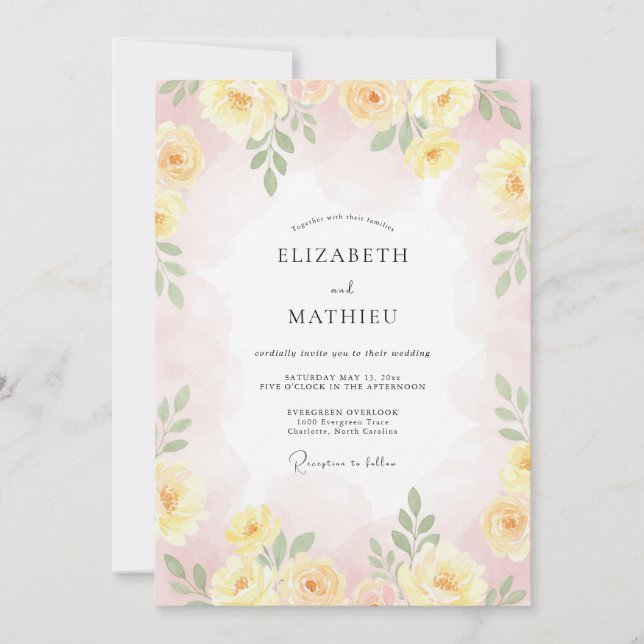 Convites Casamento Floral Romance Amarelo Pastel (Frente)