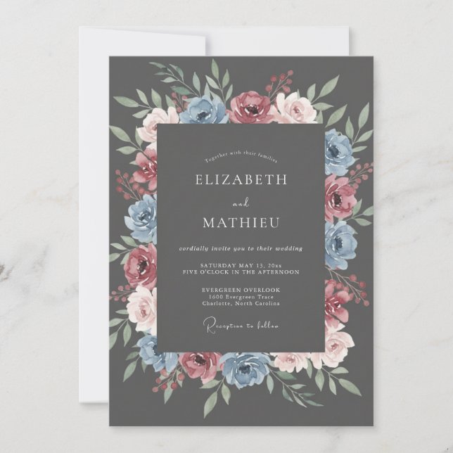 Convites Casamento Floral Romance Azul Anil Rubor (Frente)