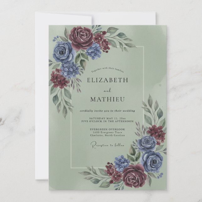 Convites Casamento Floral Romance Azul Borgonha (Frente)