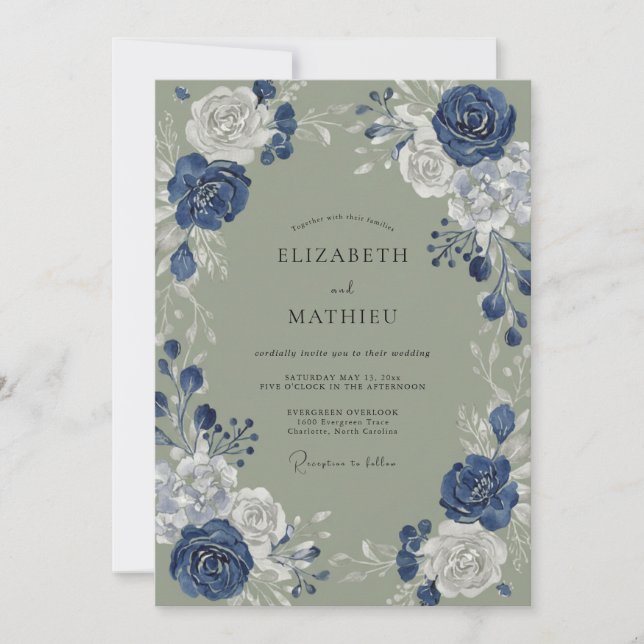 Convites Casamento Floral Romance Azul Índigo (Frente)