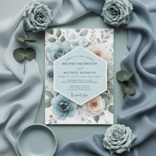 Convites Casamento Floral Romance Azul Pó